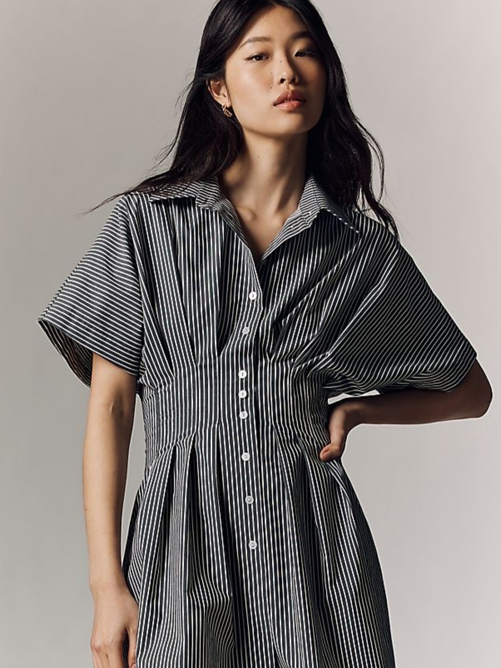 Tobie Mini Dress by Exquise, Charcoal Stripe Cotton, Pleated Waist, Size Medium